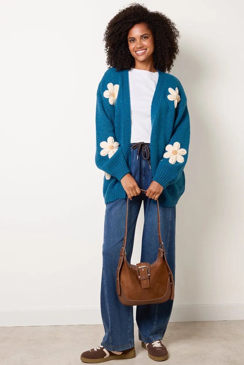 Blue Vanilla Daisy cardigan donna ricamo fiori teal S/M