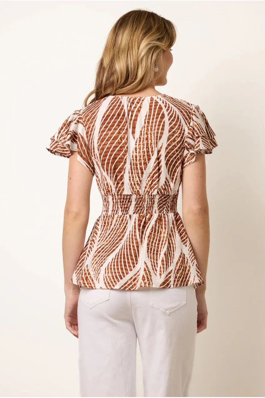 Blue Vanilla Printed Frill Peplum top cioccolato scollo V
