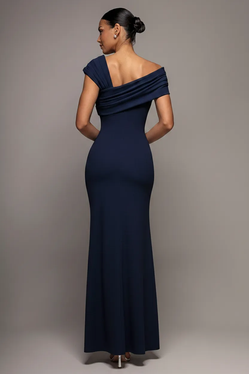 Goddiva One Shoulder abito maxi navy monospalla