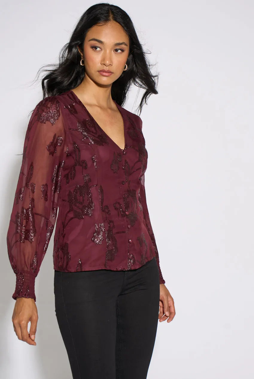 Gini London Floral Sparkle camicetta prugna jacquard
