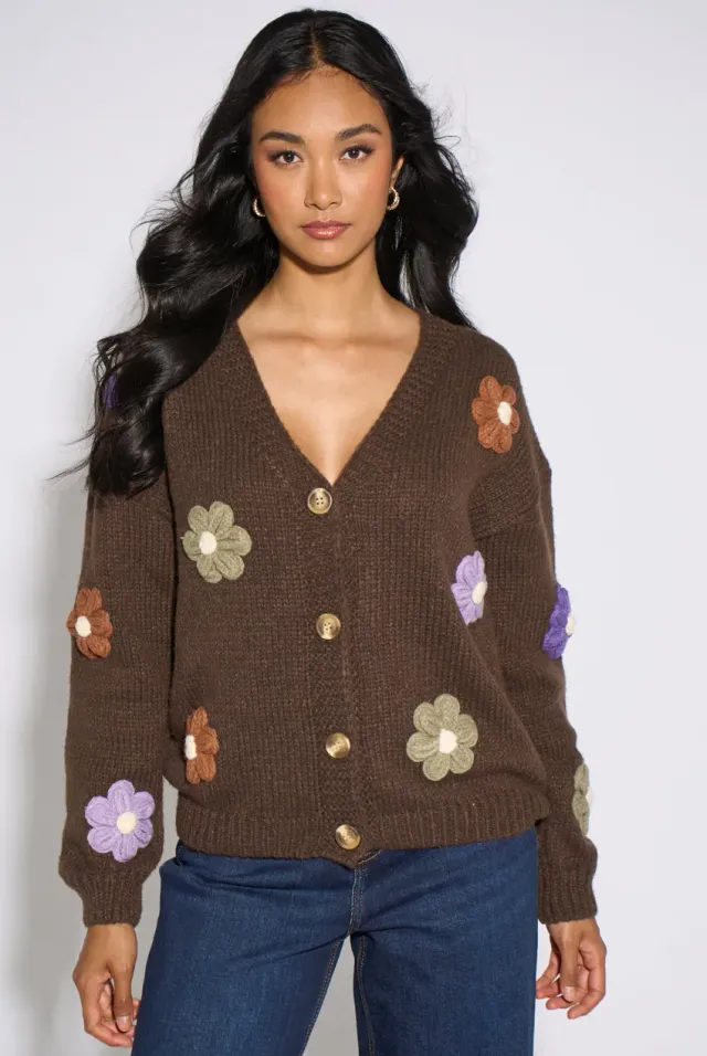 Gini London 3D Floral cardigan marrone maglia maniche lunghe