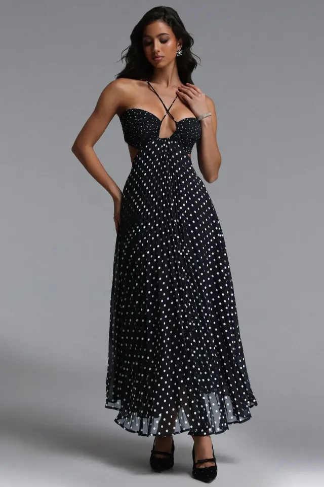 Bella Barnett Loka abito maxi nero M pois plissettato