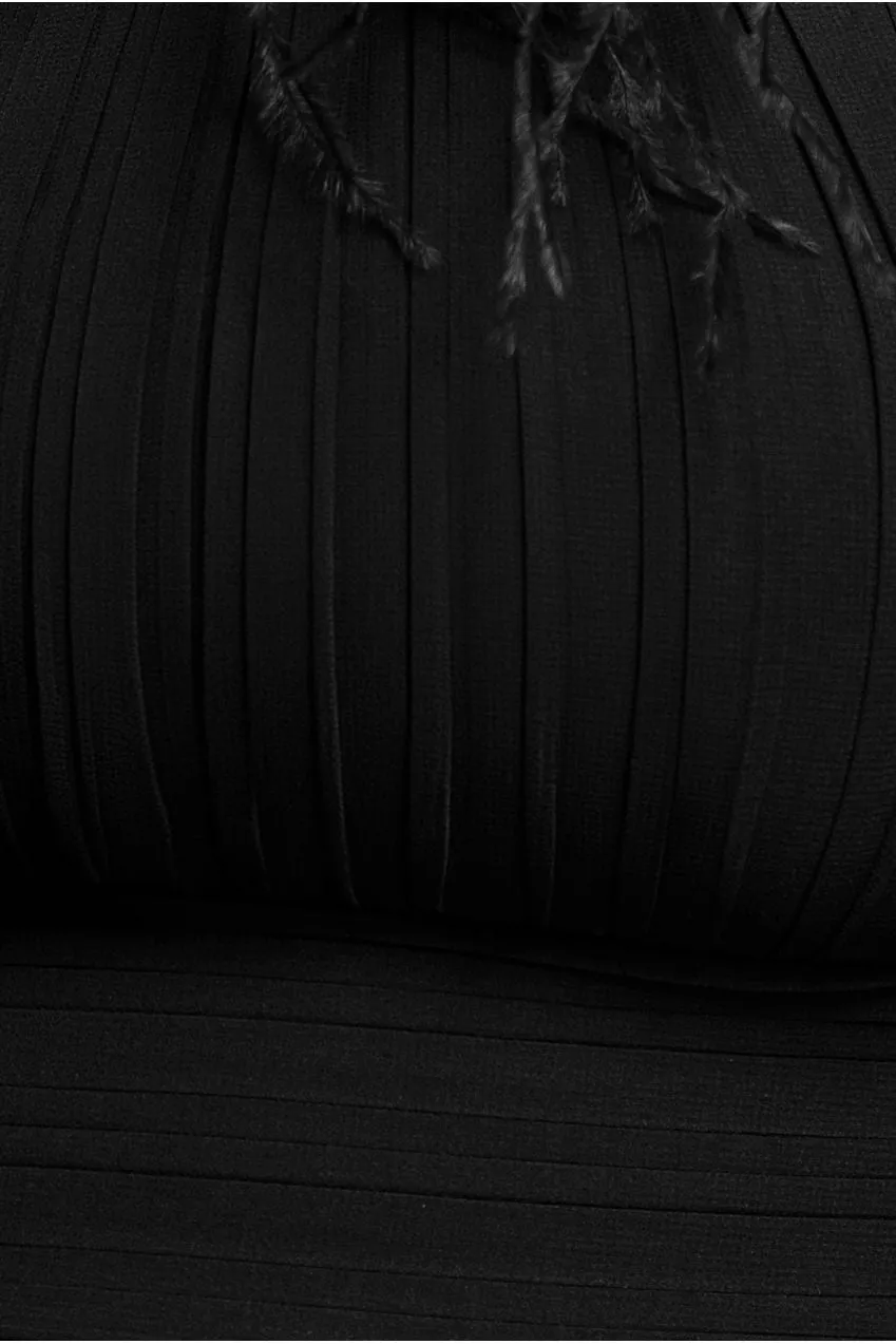 Goddiva abito maxi chiffon nero senza spalline piuma