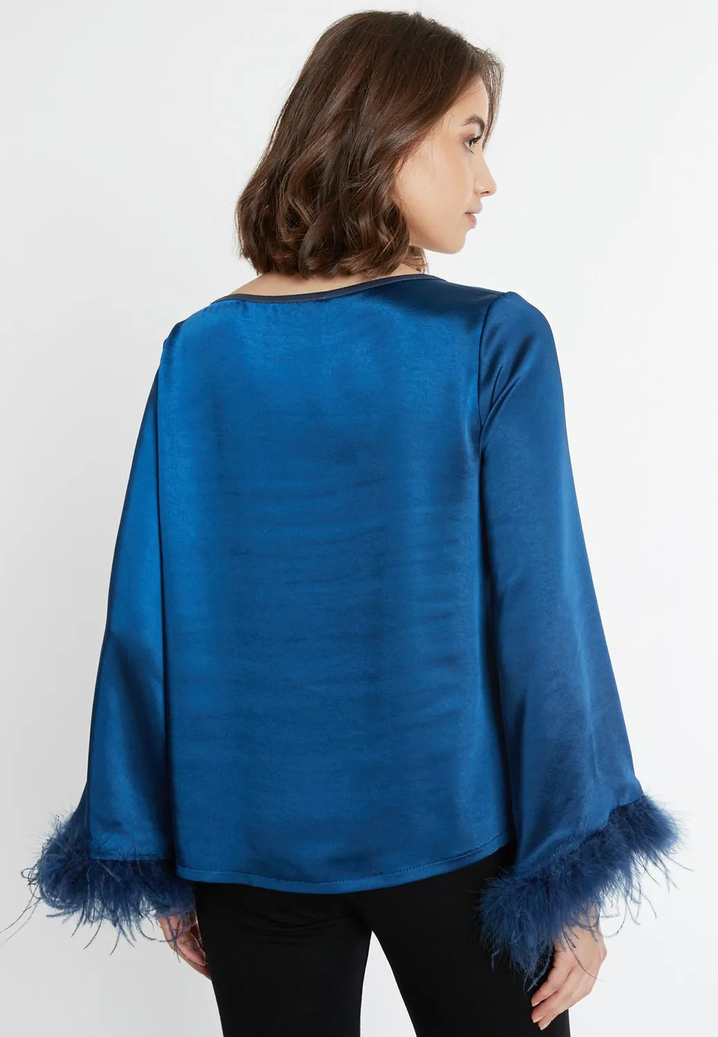 Ana Alcazar Sibala top raso blu maniche piume