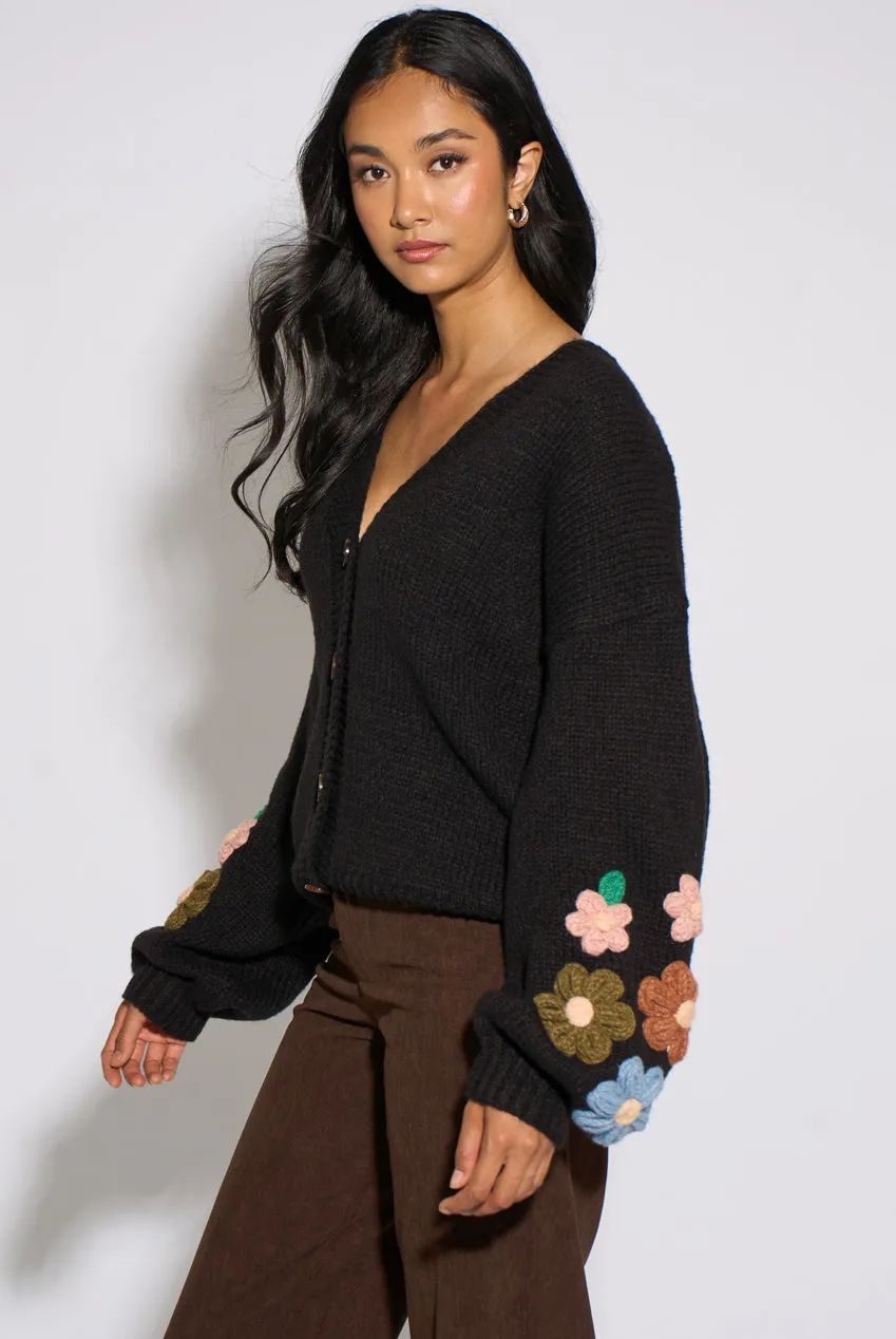 Gini London Cardigan Nero Maglia Fiori 3D Maniche