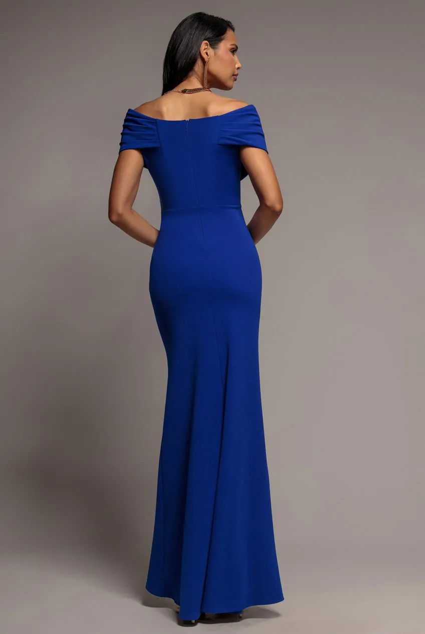 Goddiva Pleated Bardot Wrap abito lungo blu royal scuba