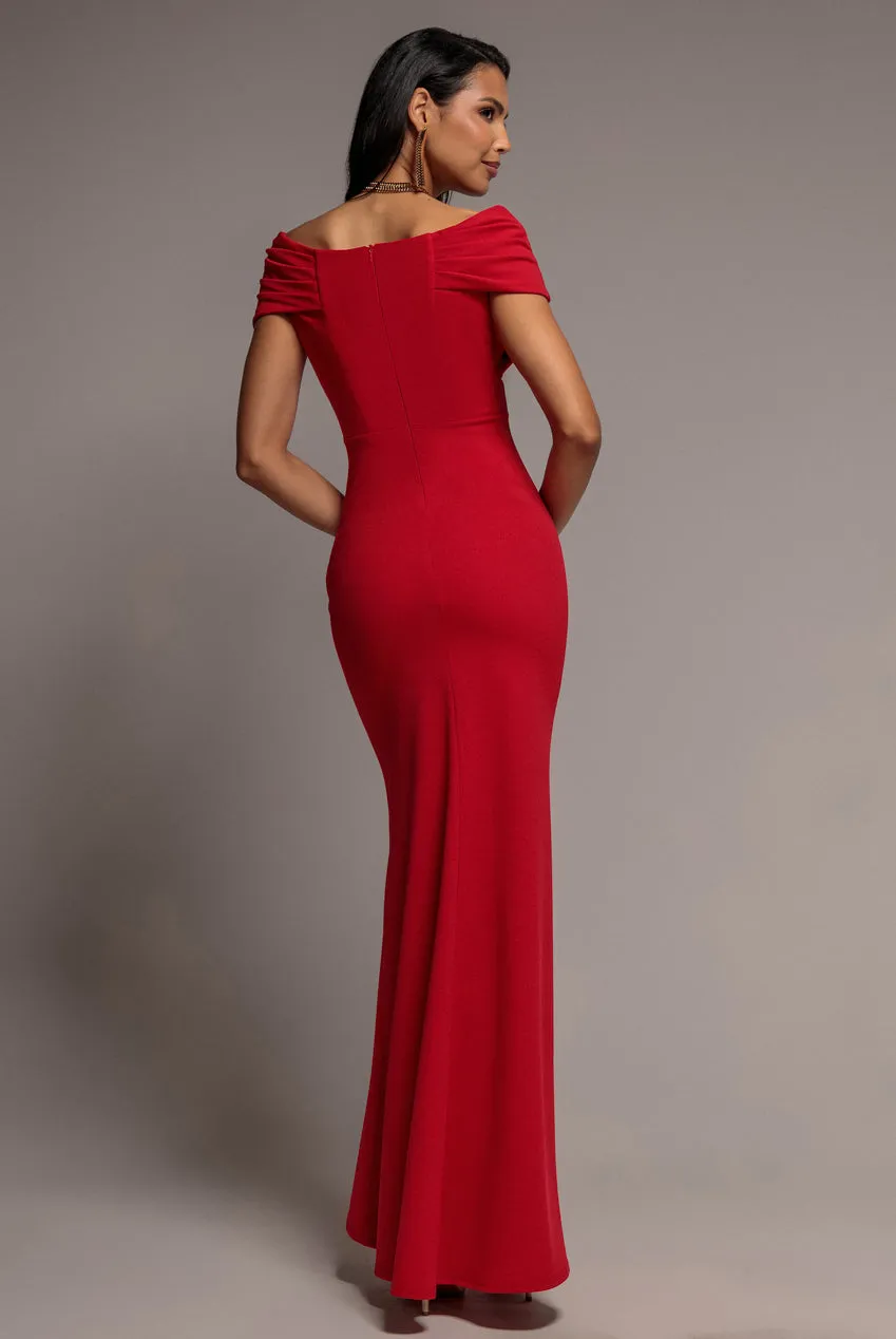 Goddiva Bardot Wrap abito maxi sirena rosso scuba elasticizzato