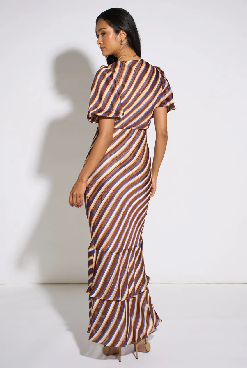 Gini London abito maxi marrone chiffon righe lurex