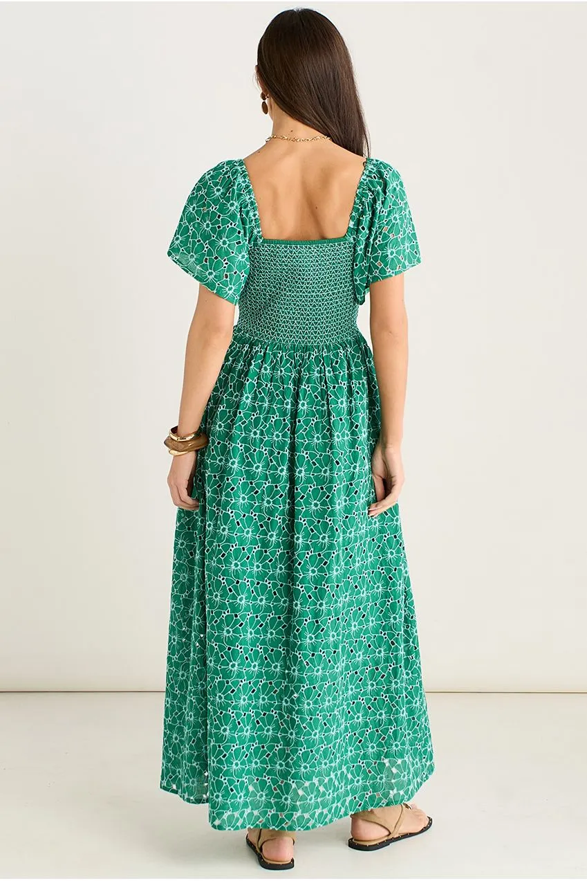 Gini London Shirred abito midi verde broderie fiori