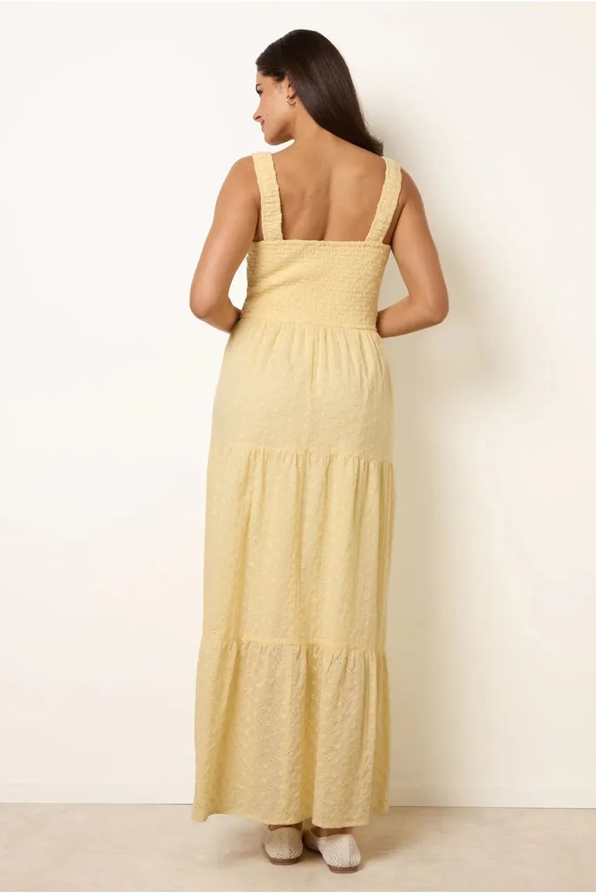Blue Vanilla Broderie Button Maxi Abito Giallo Limone Cotone