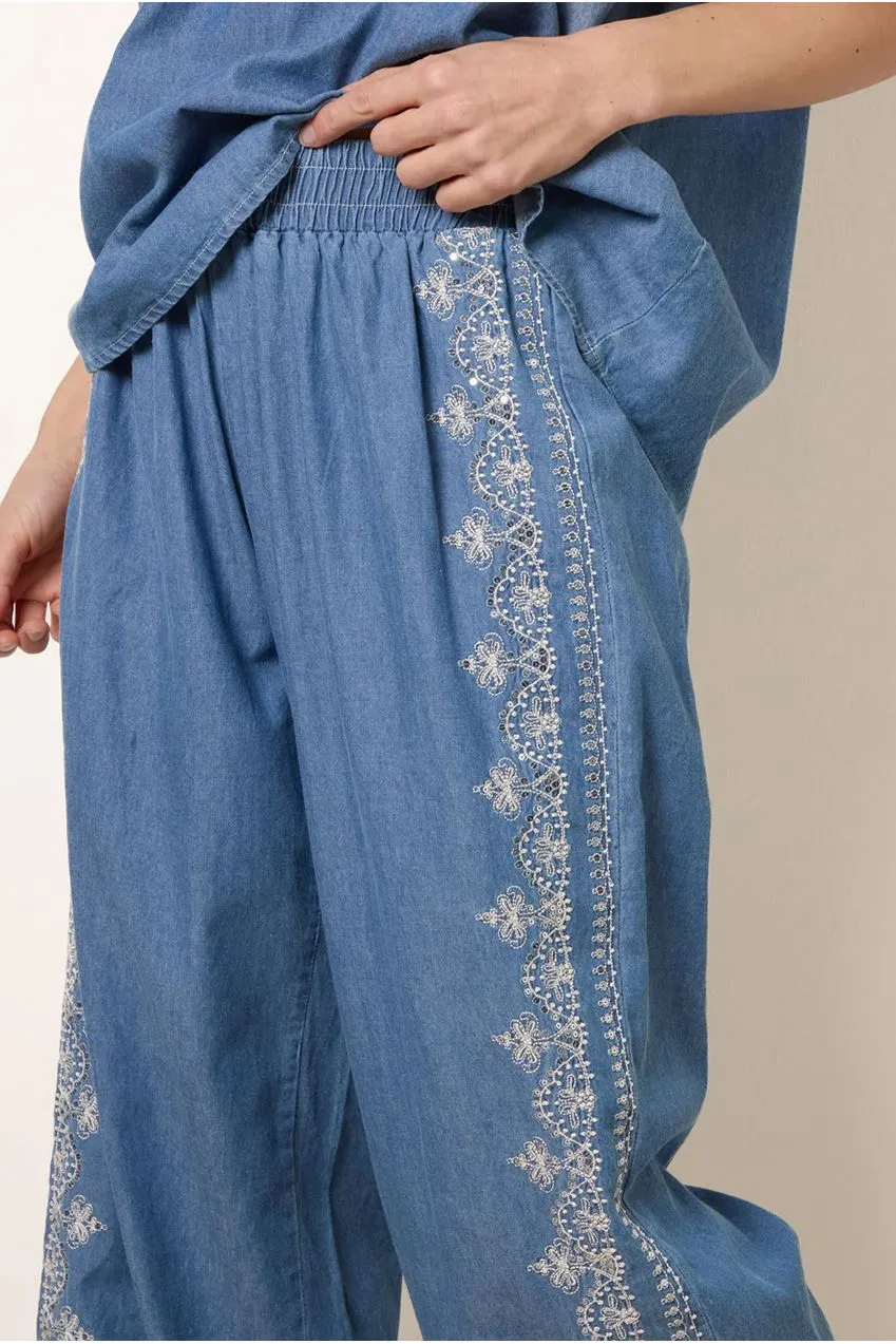 Blue Vanilla ricamo floreale pantaloni palazzo blu denim