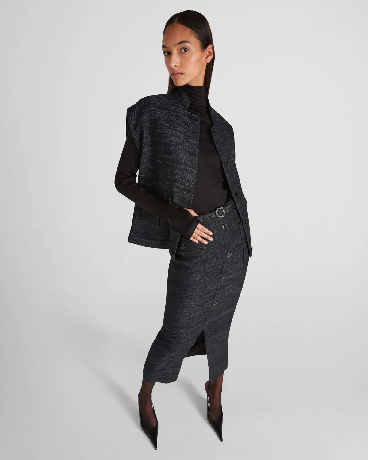 Violante Nessi Corot gonna nera tweed seta cintura