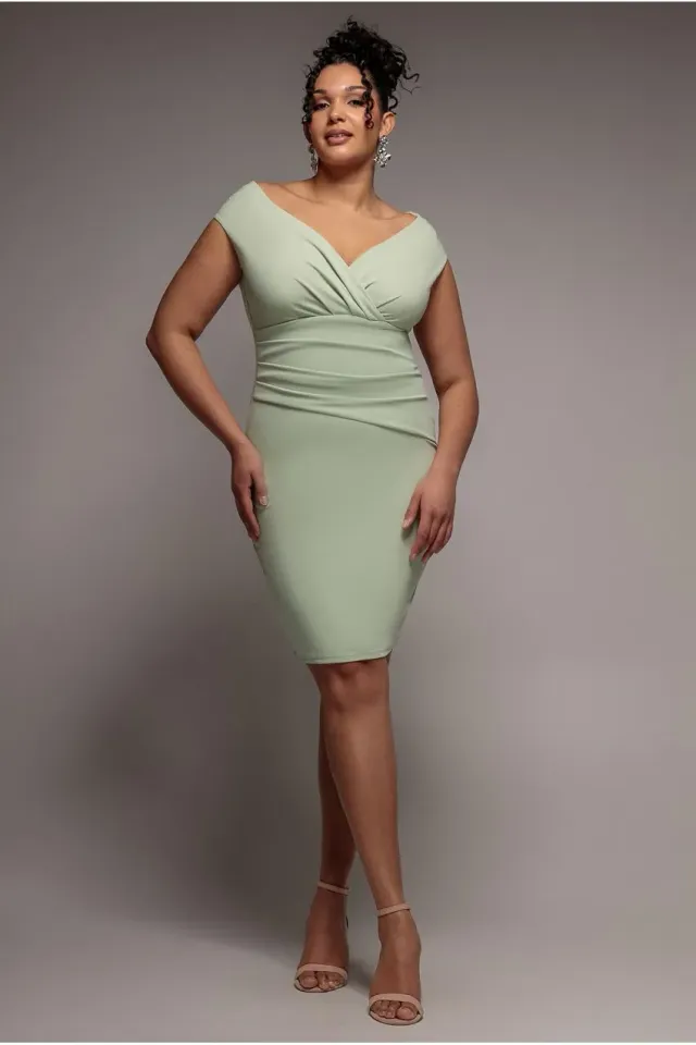 Goddiva Plus Bardot DR1092 abito midi verde salvia scuba