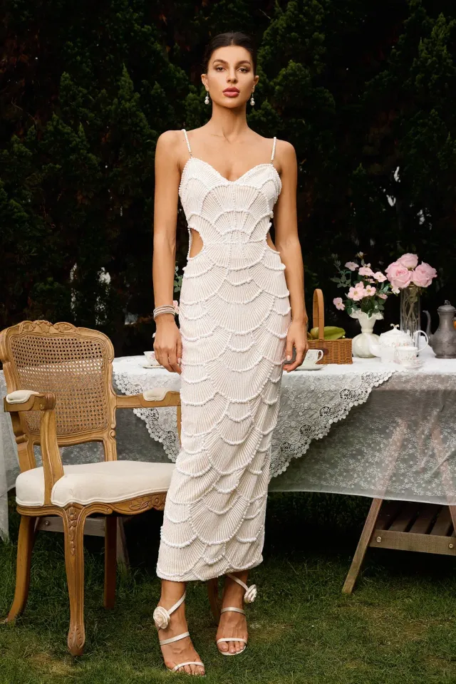 Bella Barnett Teresa abito midi bianco perle M elegante