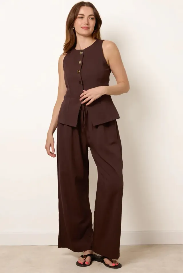 Blue Vanilla Round Neck Button gilet pantaloni cioccolato