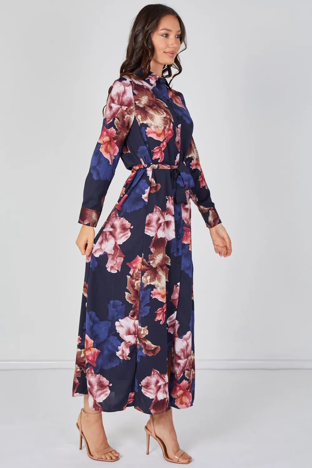 Love Sunshine Navy Iris abito camicia maxi blu navy floreale