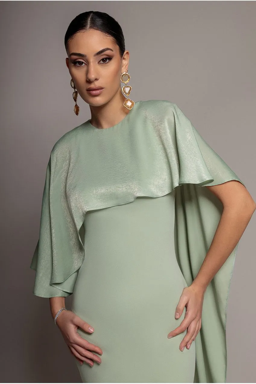 Goddiva Scoop Neck Cape abito maxi verde salvia in raso elegante