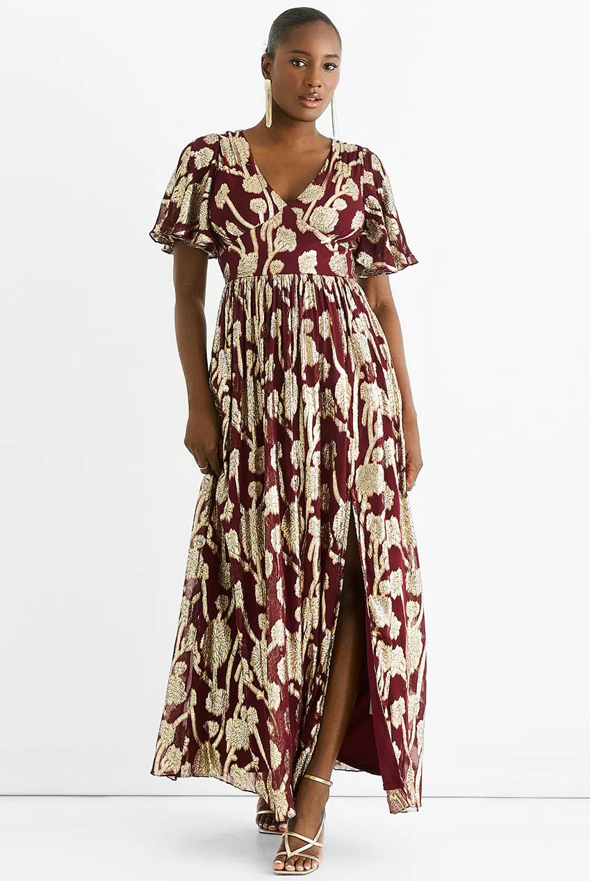 Goddiva Gini London abito lungo bordeaux jacquard metallizzato