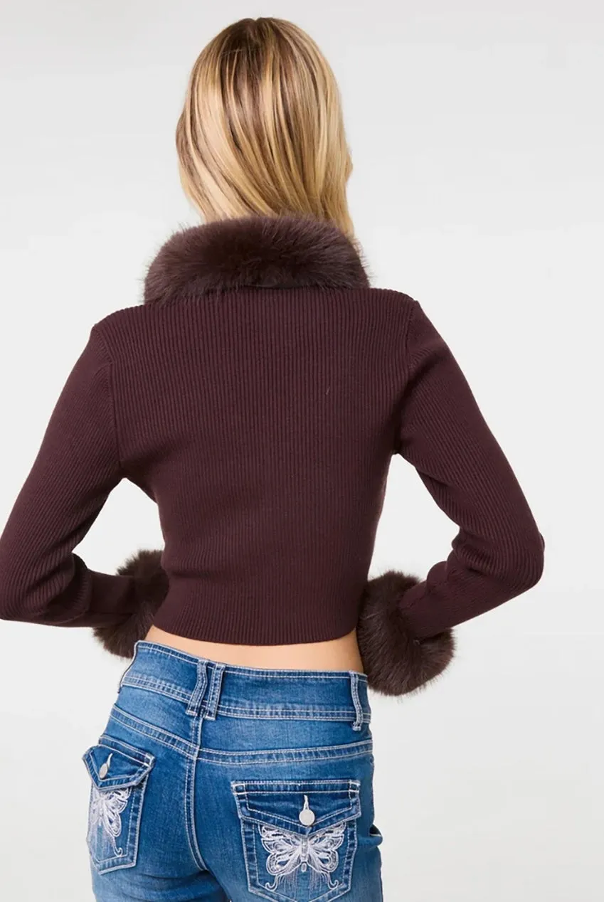 Pink Vanilla Fur Trim Zip Through cardigan cioccolato pelliccia
