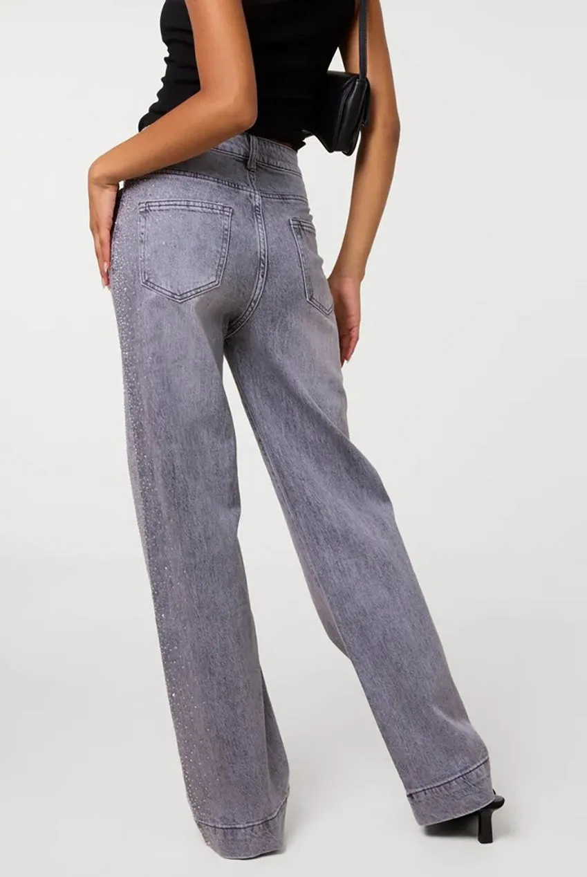 Pink Vanilla Diamante Side jeans grigi wide leg strass