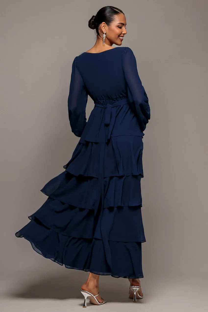 Goddiva Tiered Chiffon abito blu navy incrocio maniche lunghe