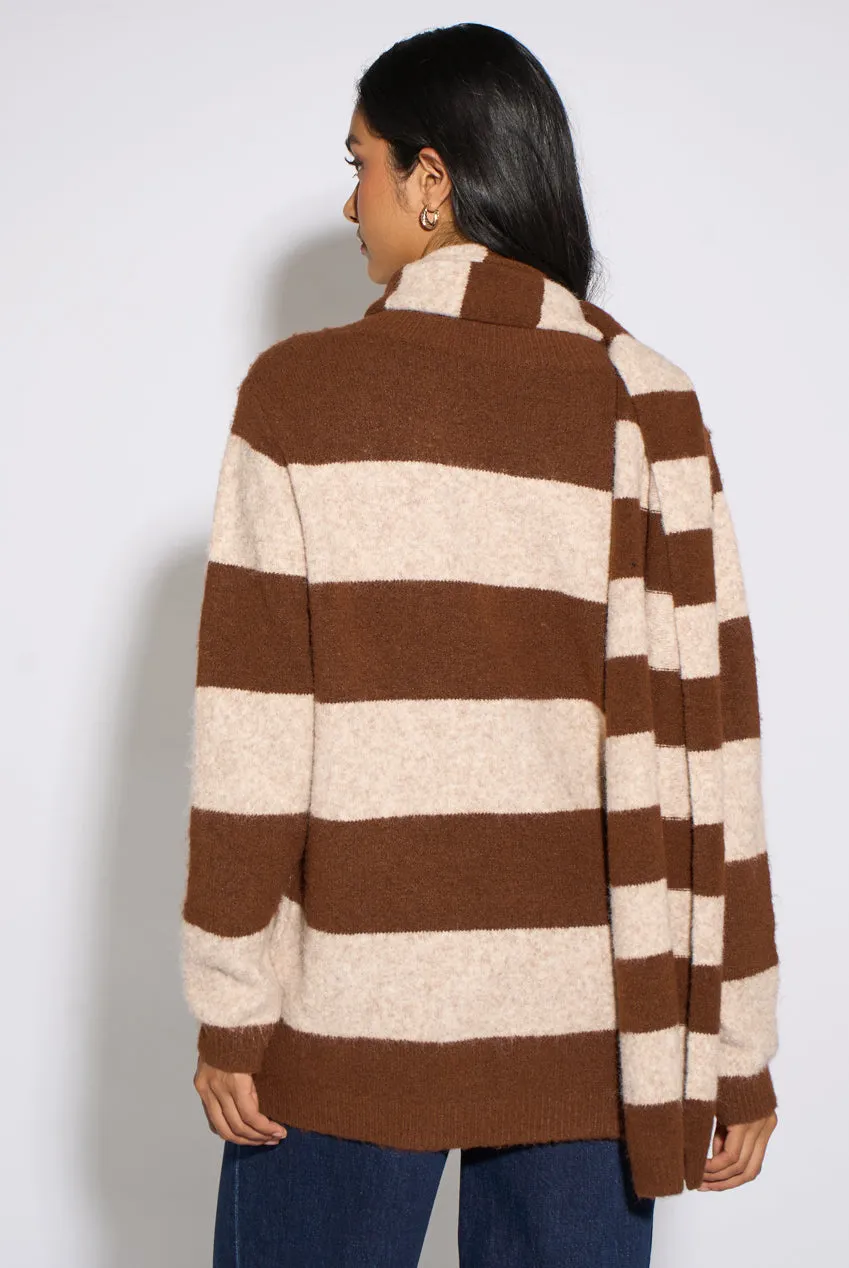 Gini London Brown Stripe V Neck Scarf maglione marrone a righe