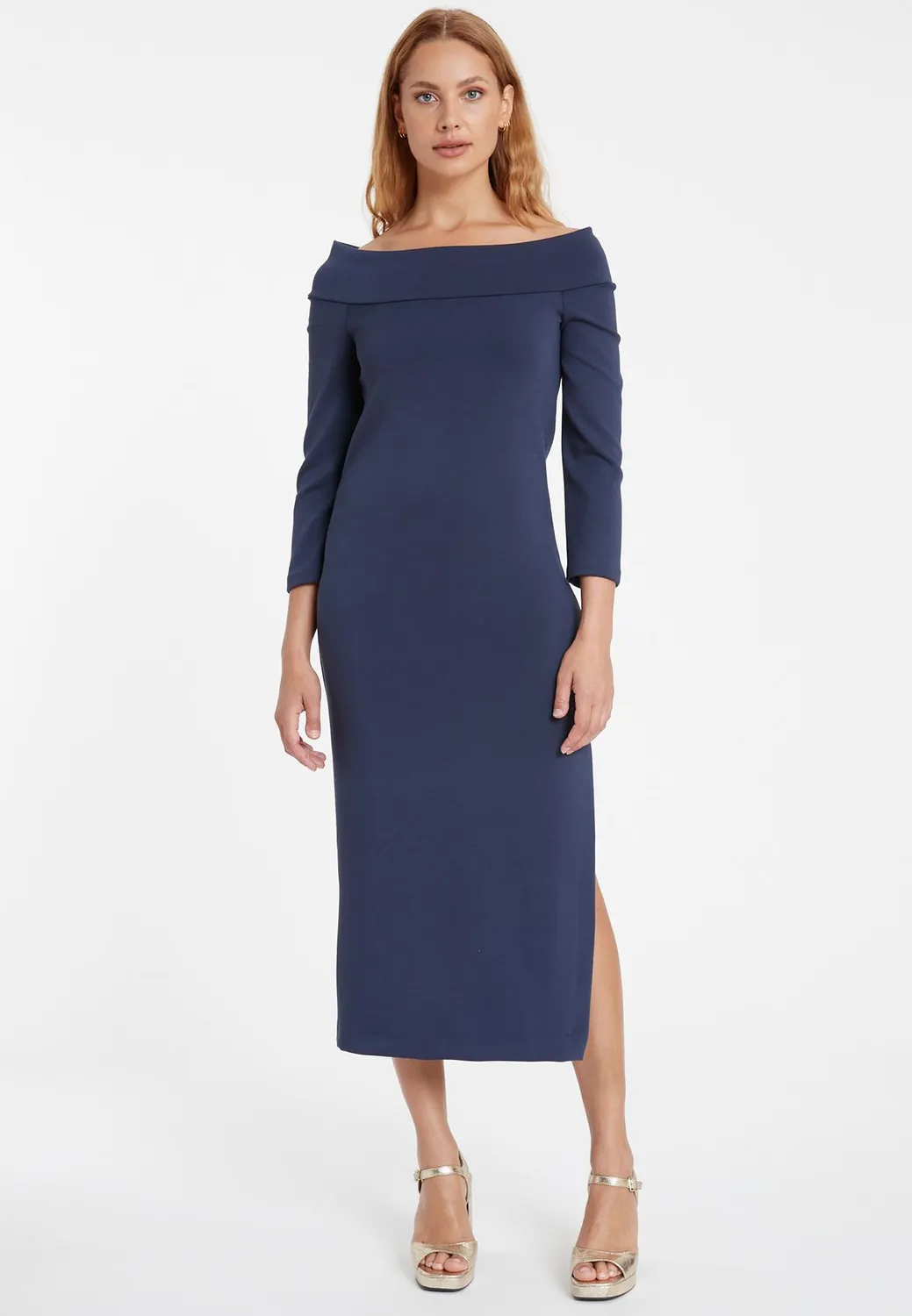Ana Alcazar Sebina abito midi jersey blu scollo Carmen
