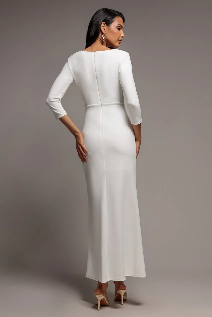 Goddiva Front Wrap abito maxi bianco scuba drappeggiato