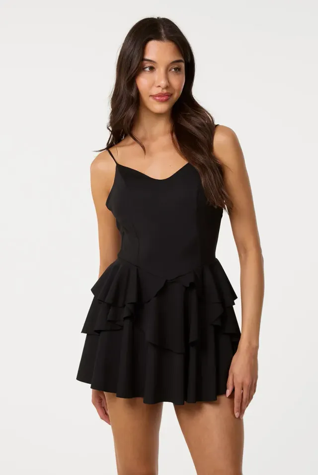 Pink Vanilla vestito bustier nero corto balze serata