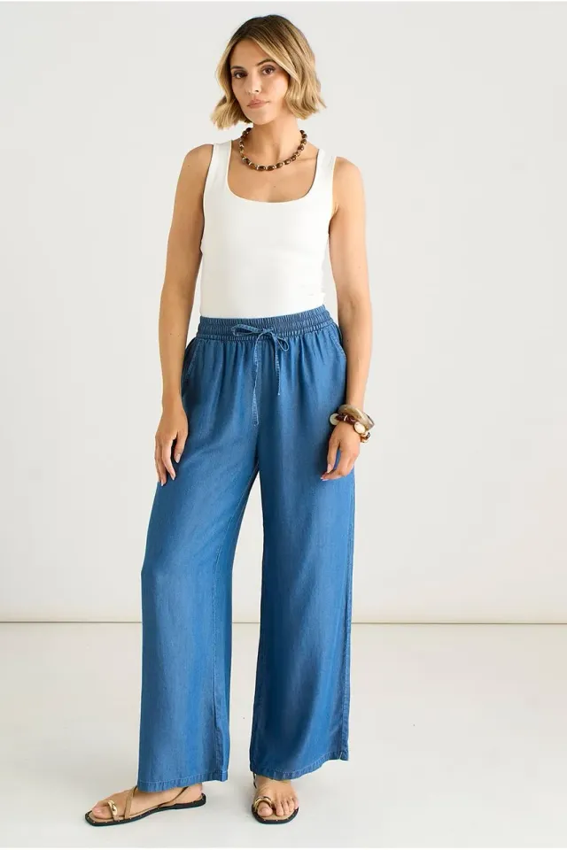 Gini London Chambray pantaloni palazzo blu vita elastica