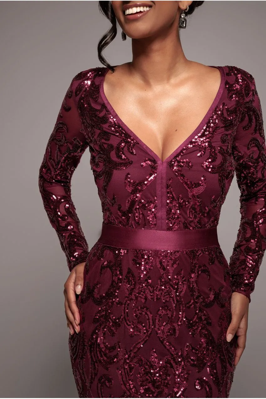 Goddiva DR3476 abito lungo bordeaux paillettes ricamate