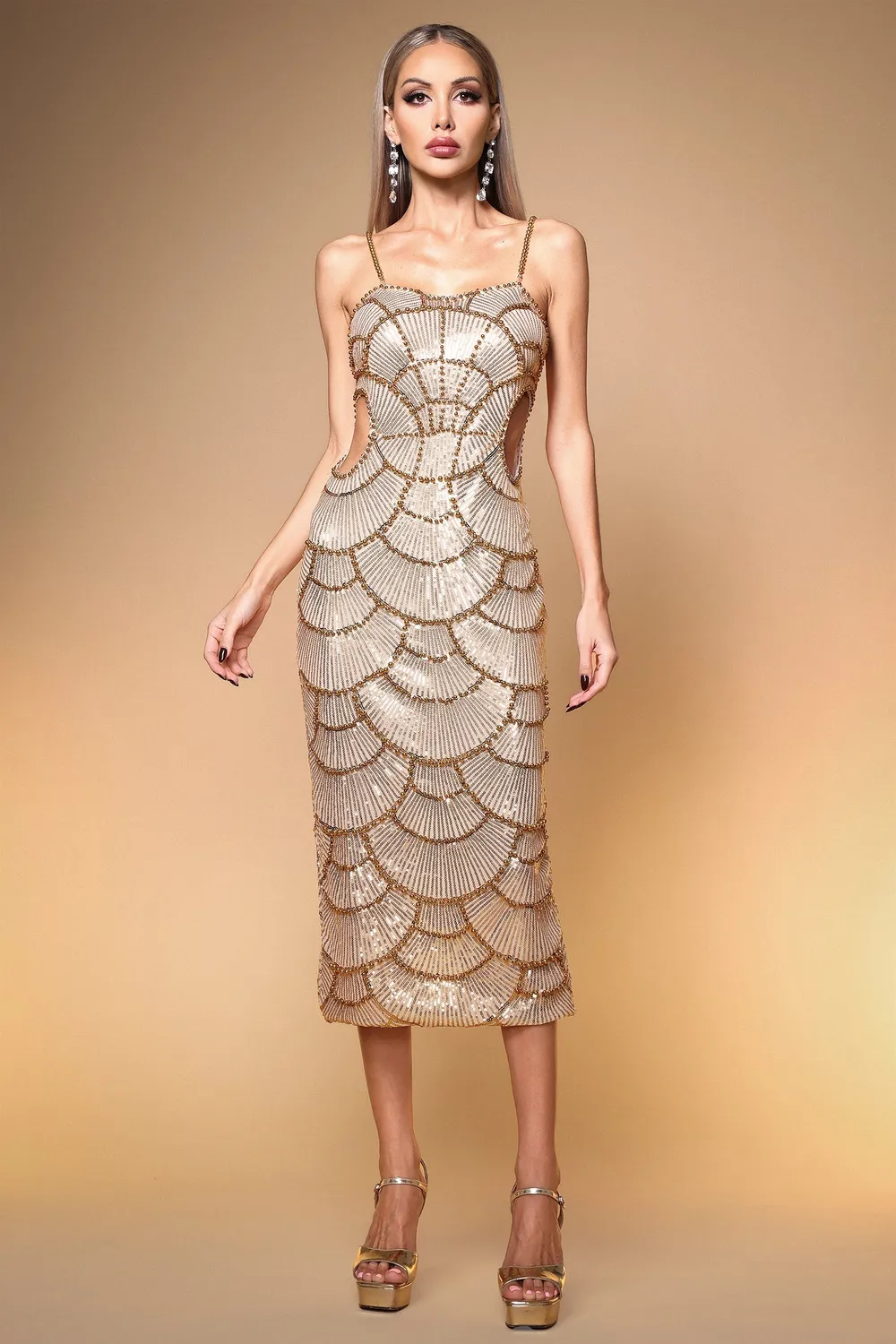 Bella Barnett Teresa abito midi oro paillettes perle