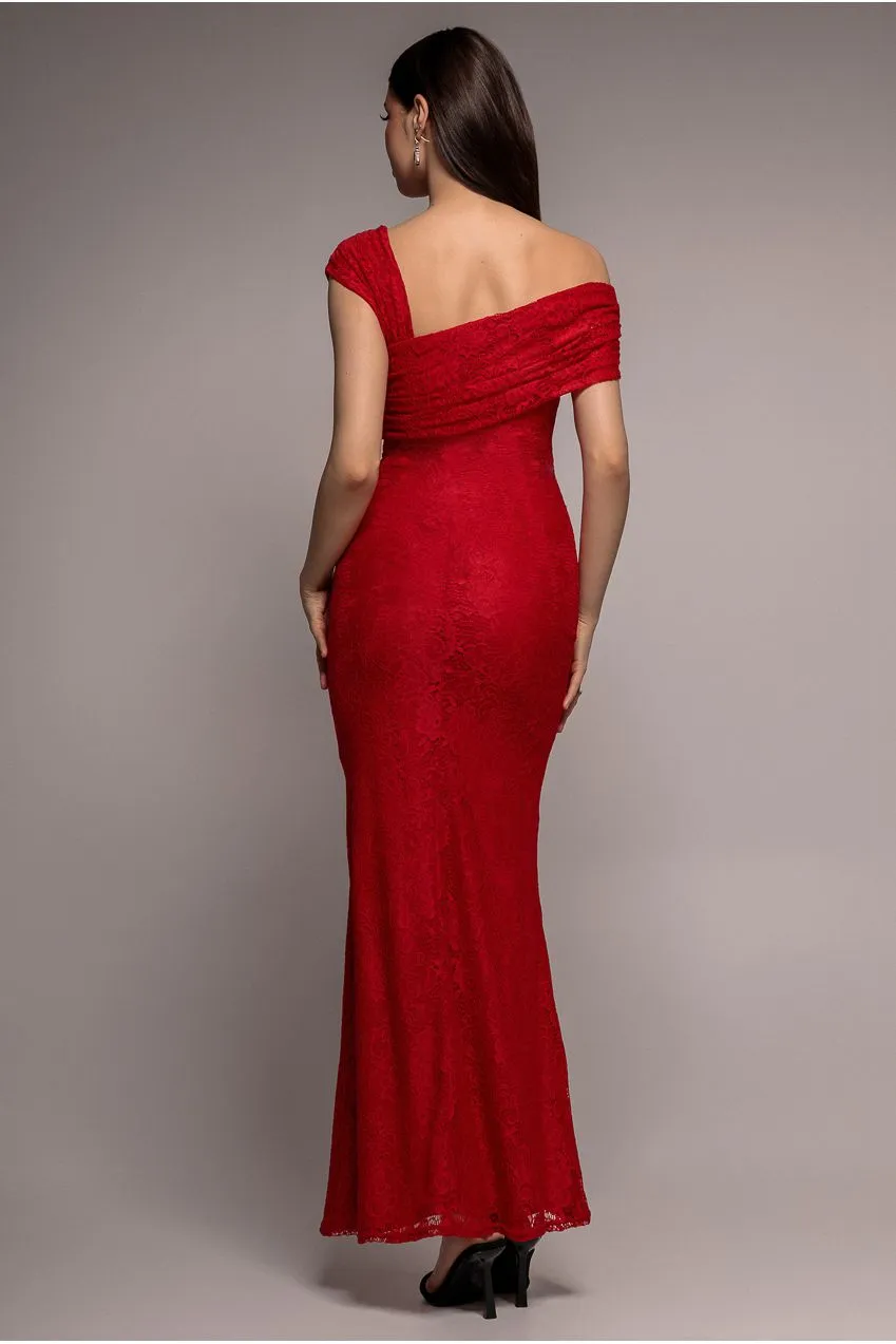 Goddiva Bardot abito maxi rosso in pizzo monospalla