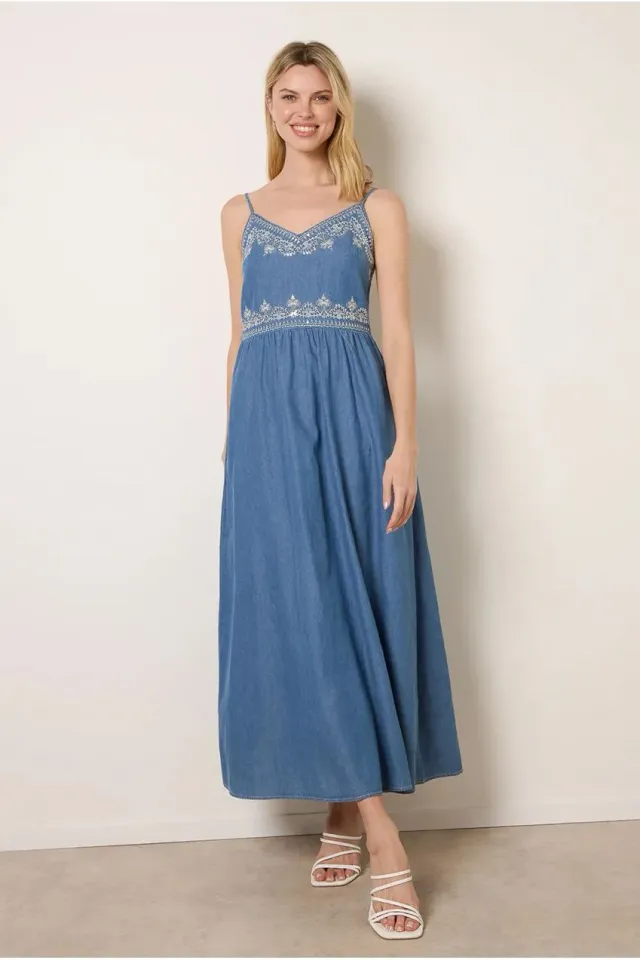 Blue Vanilla abito maxi ricamo floreale denim blue cotone