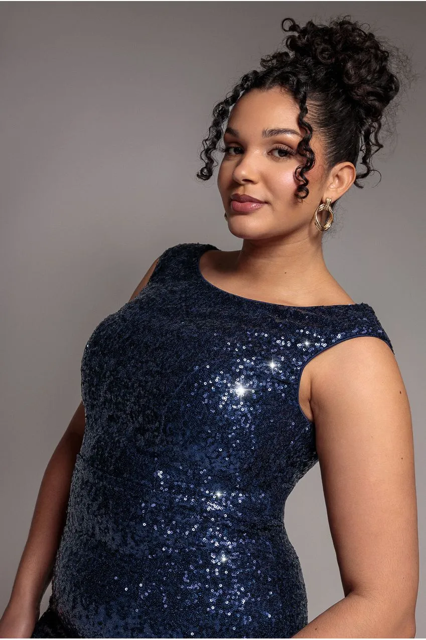 Goddiva Plus Bardot vestito lungo navy paillettes chiffon