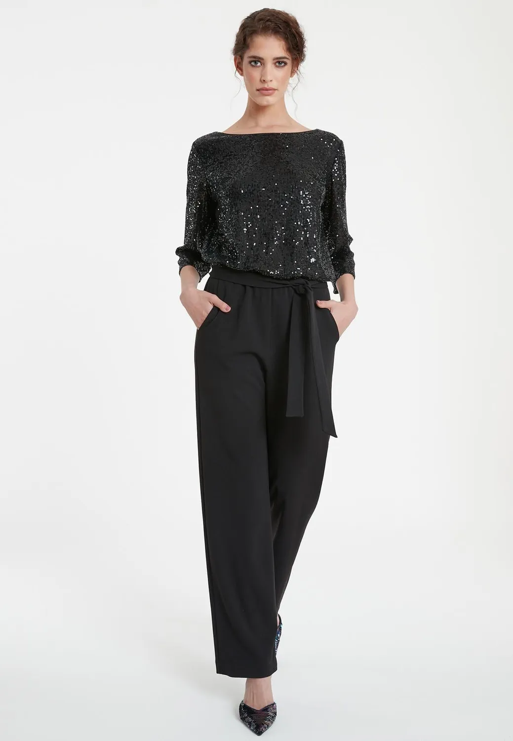 Ana Alcazar Tafine tuta nera paillettes maniche 3/4