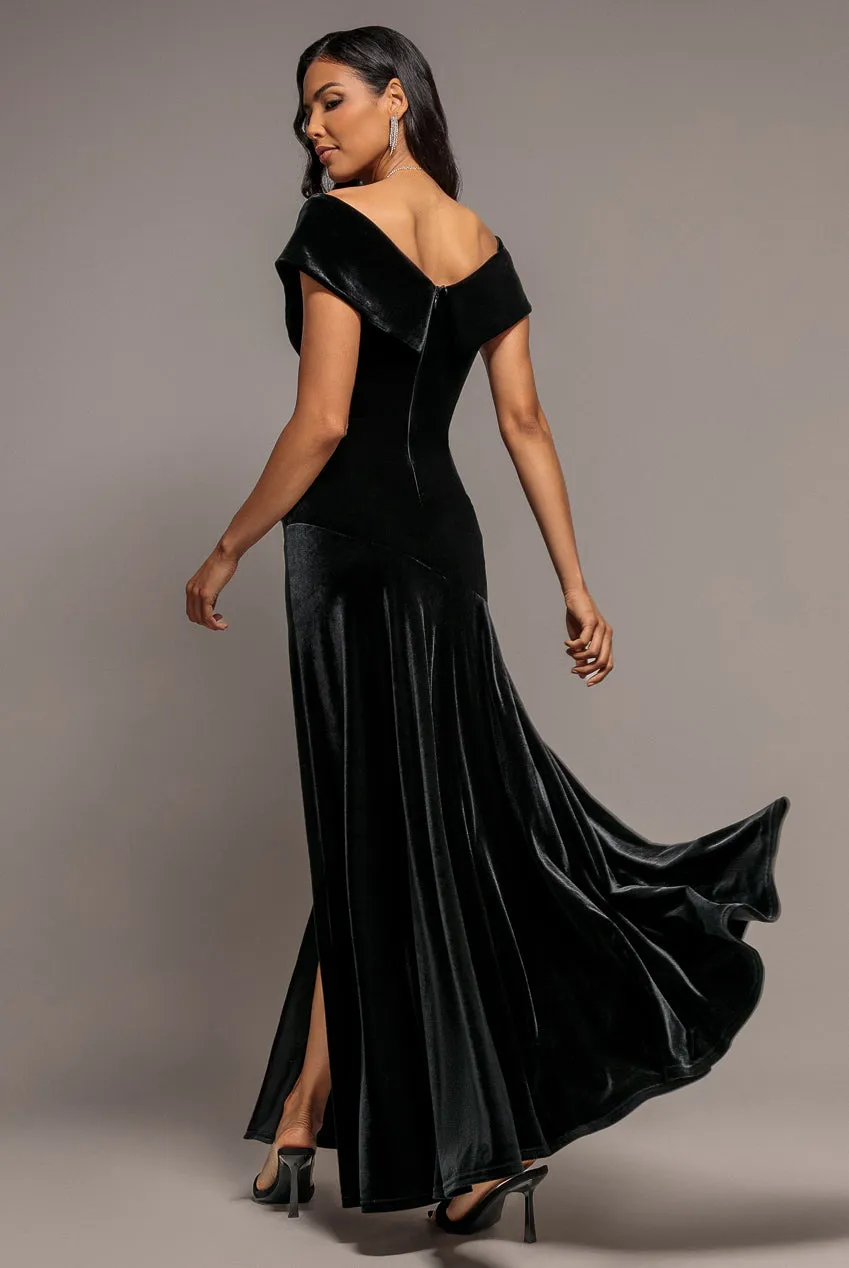 Goddiva Velvet abito maxi nero velluto spacco
