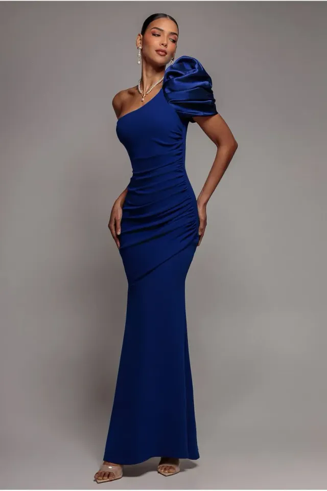 Goddiva Satin abito maxi monospalla blu royal