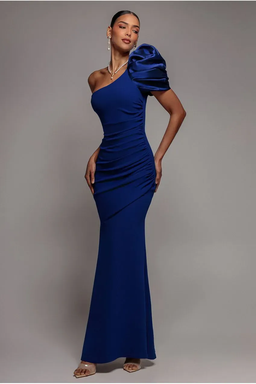 Goddiva Satin abito maxi monospalla blu royal