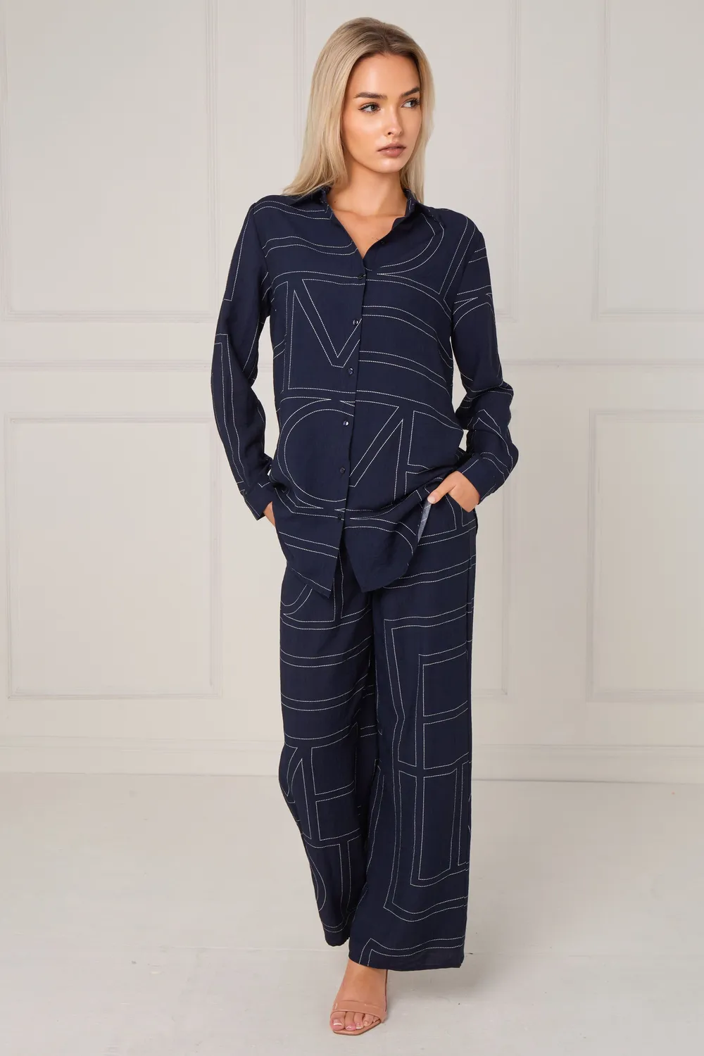 LOVE SUNSHINE Geometric coordinato blu righe pantalone