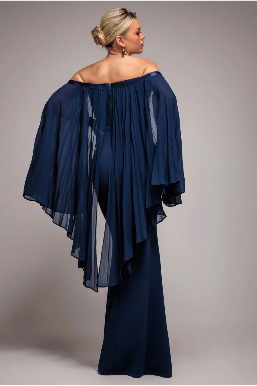 Goddiva Maxi senza spalline blu navy con mantella chiffon