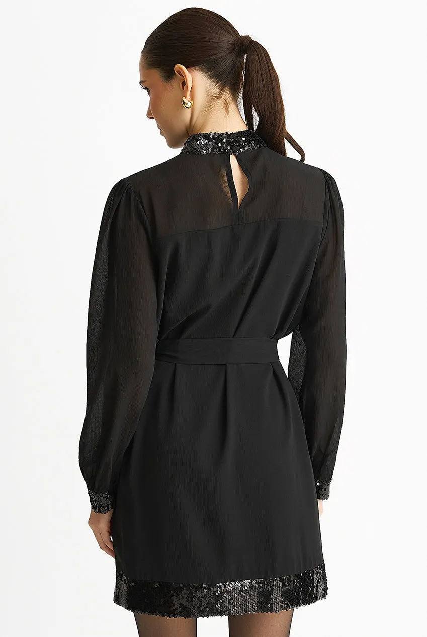 Gini London abito mini nero collo alto paillettes
