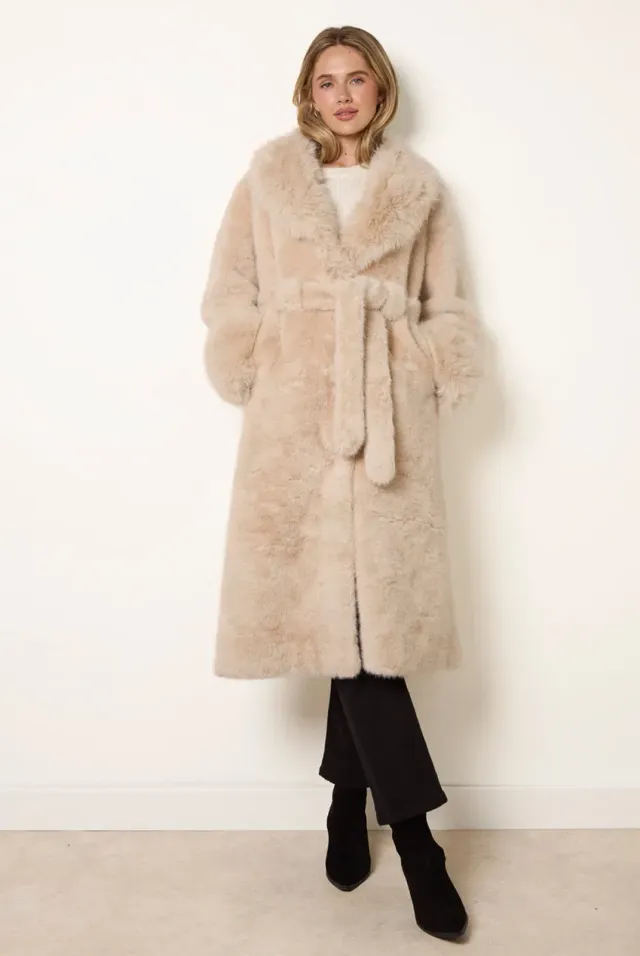 Blue Vanilla Plush Faux Fur cappotto beige midi con cintura