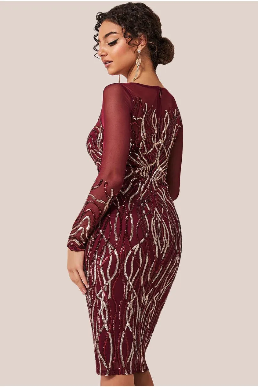 Goddiva Sequin Flame abito midi paillettes vino maniche lunghe