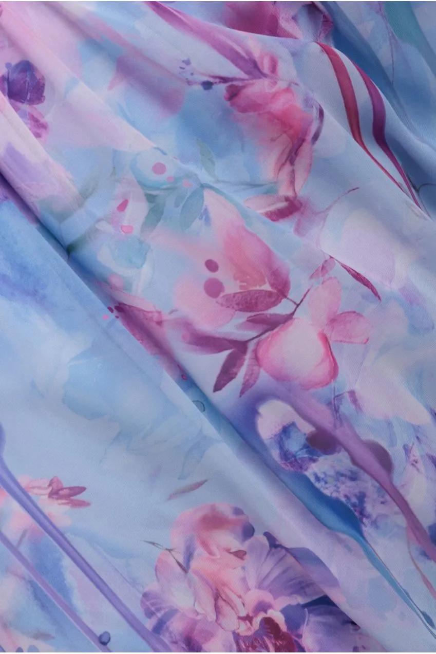 Goddiva Halter abito maxi chiffon blu floreale scollo allacciato