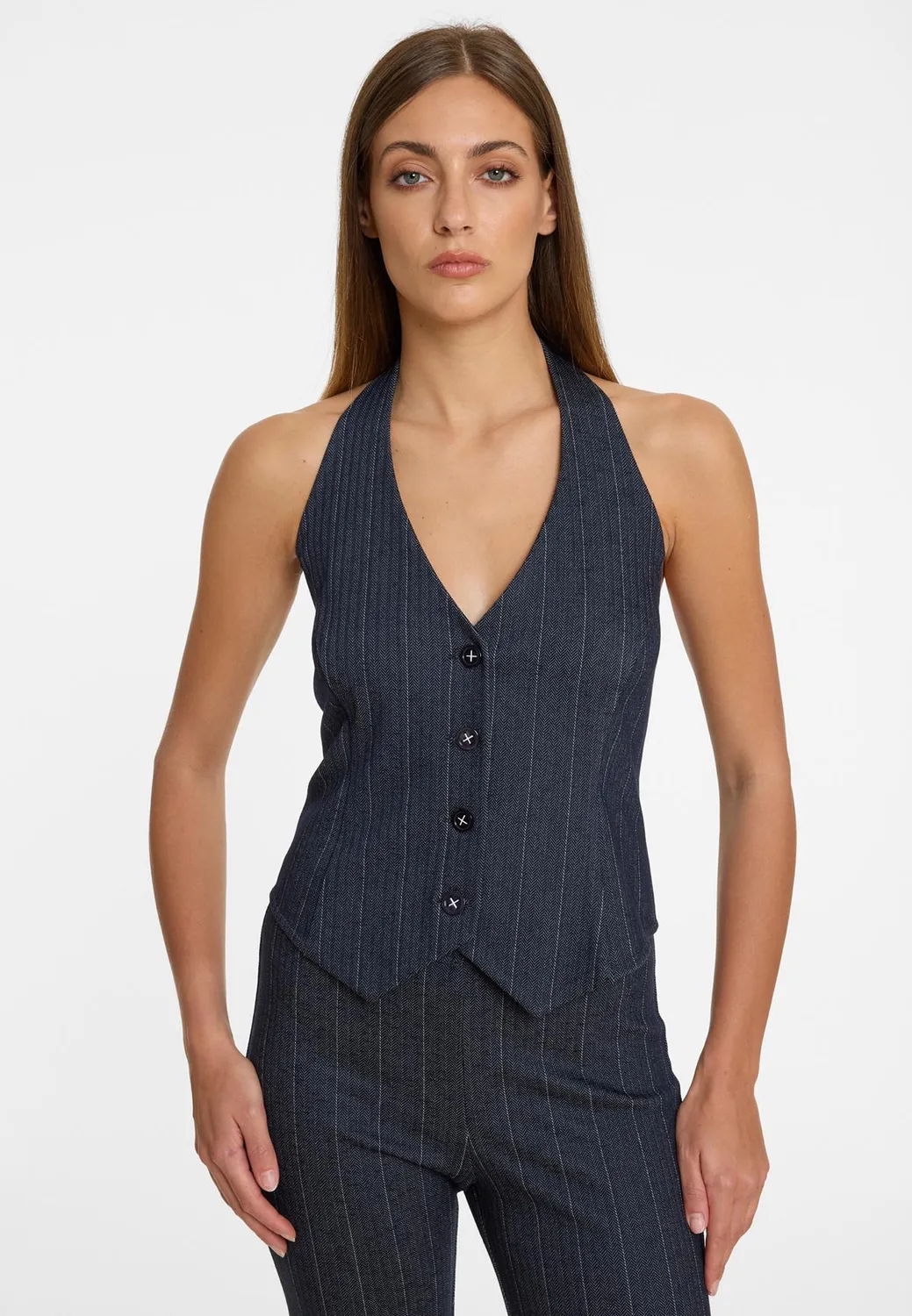 Ana Alcazar Apara gilet blu halterneck gessato