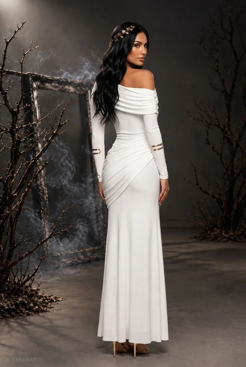 Goddiva Draped Long Sleeve Maxi abito bianco dea greca