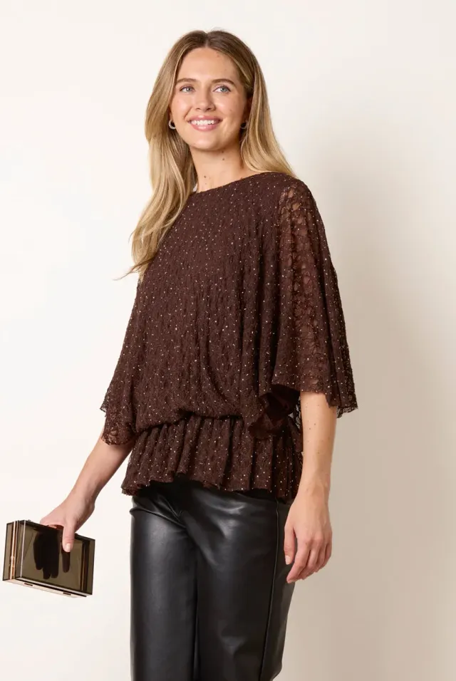 Blue Vanilla Lace Rhinestone Batwing top pizzo cioccolato strass