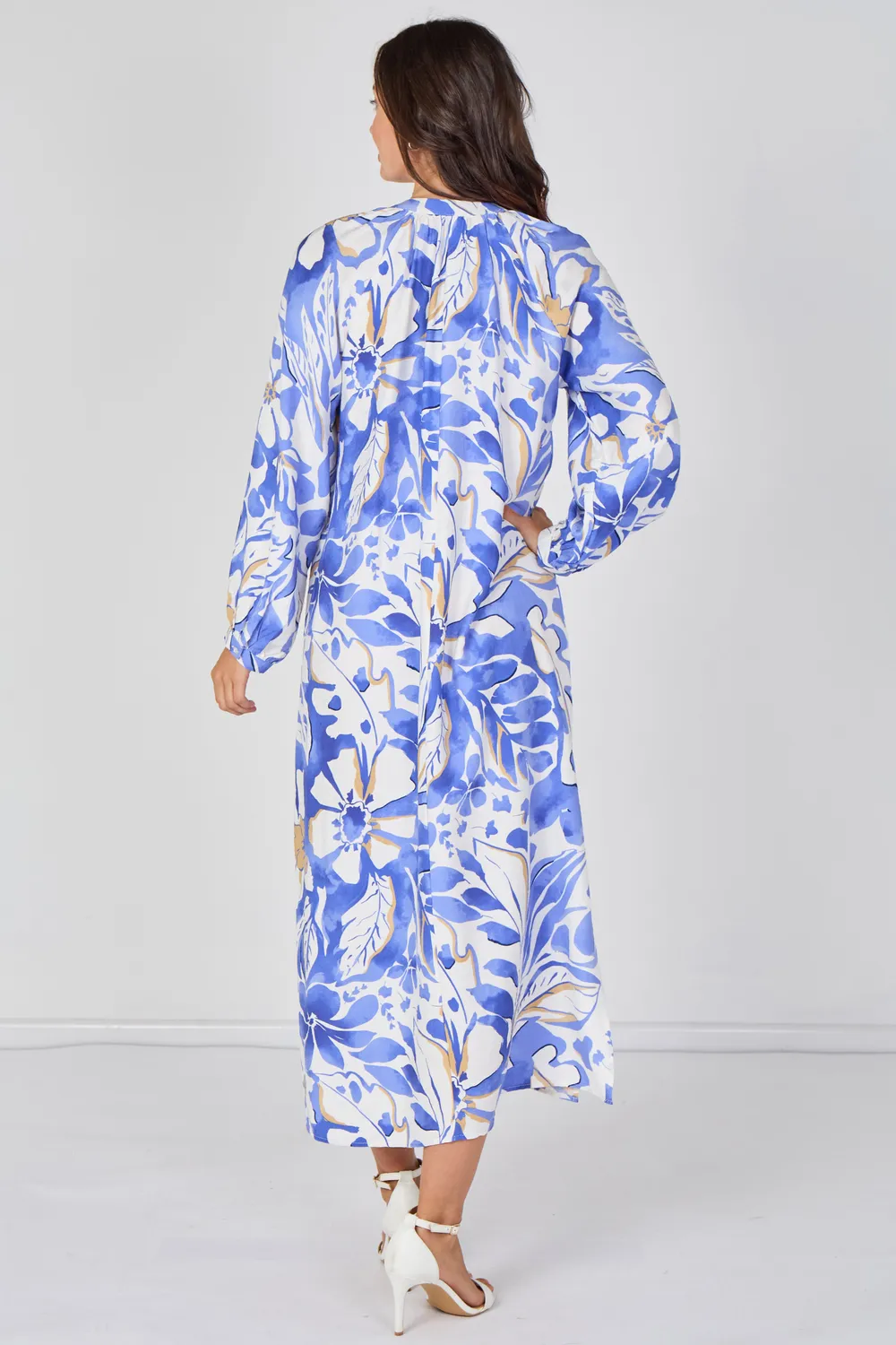 LOVE SUNSHINE Tropical Leaf abito maxi blu stampa foglie