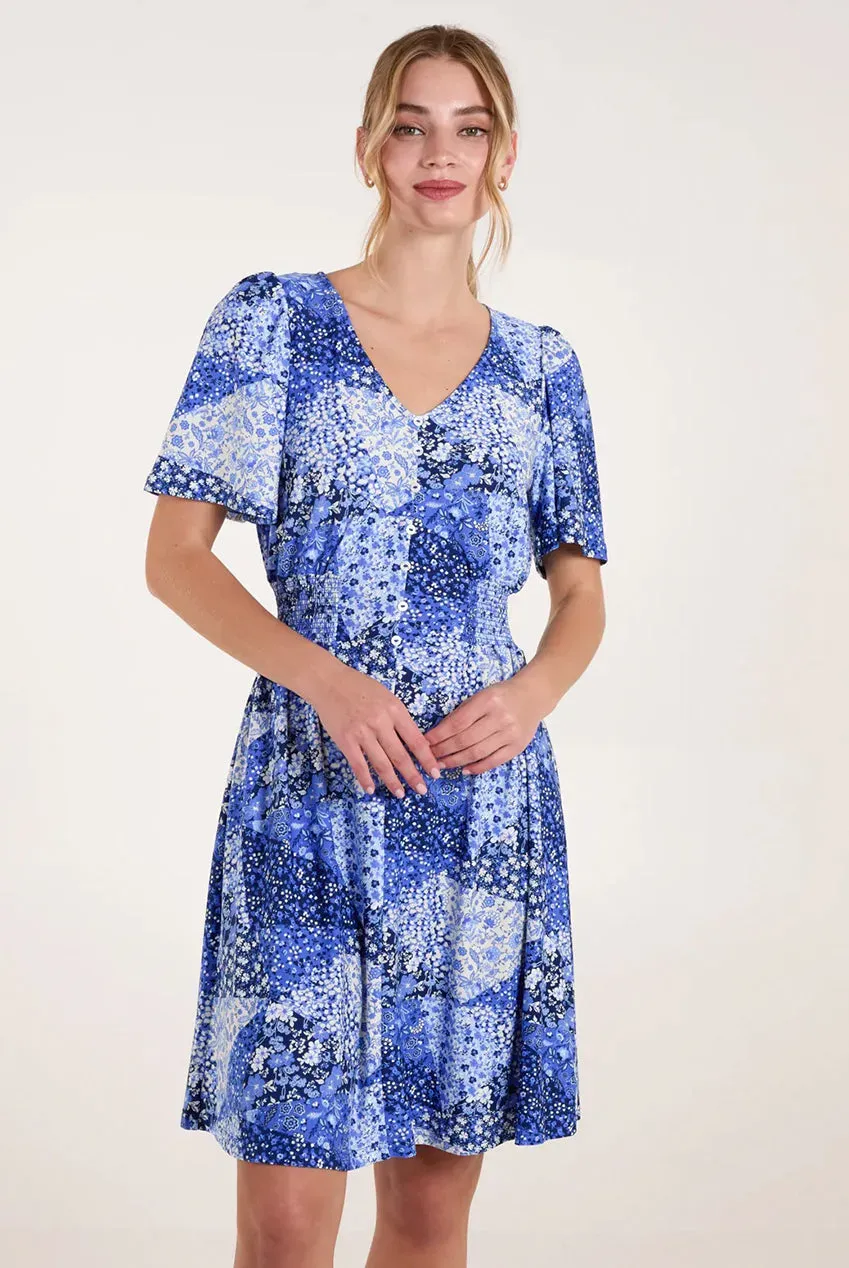 Blue Vanilla Patchwork Mini abito blu fantasia maniche corte